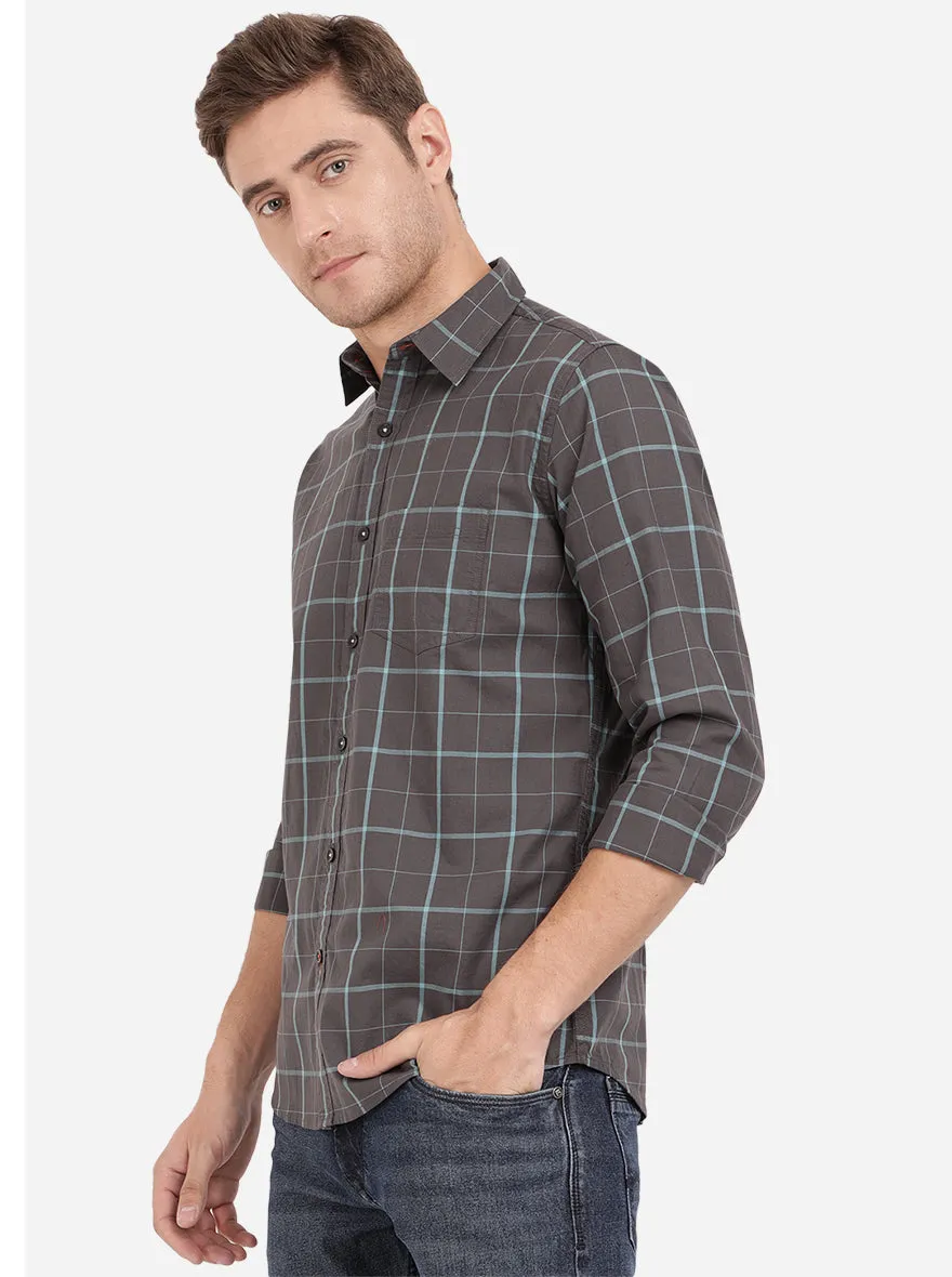 Aqua Blue & Dark Grey Checked Slim Fit Semi Casual Shirt | JadeBlue