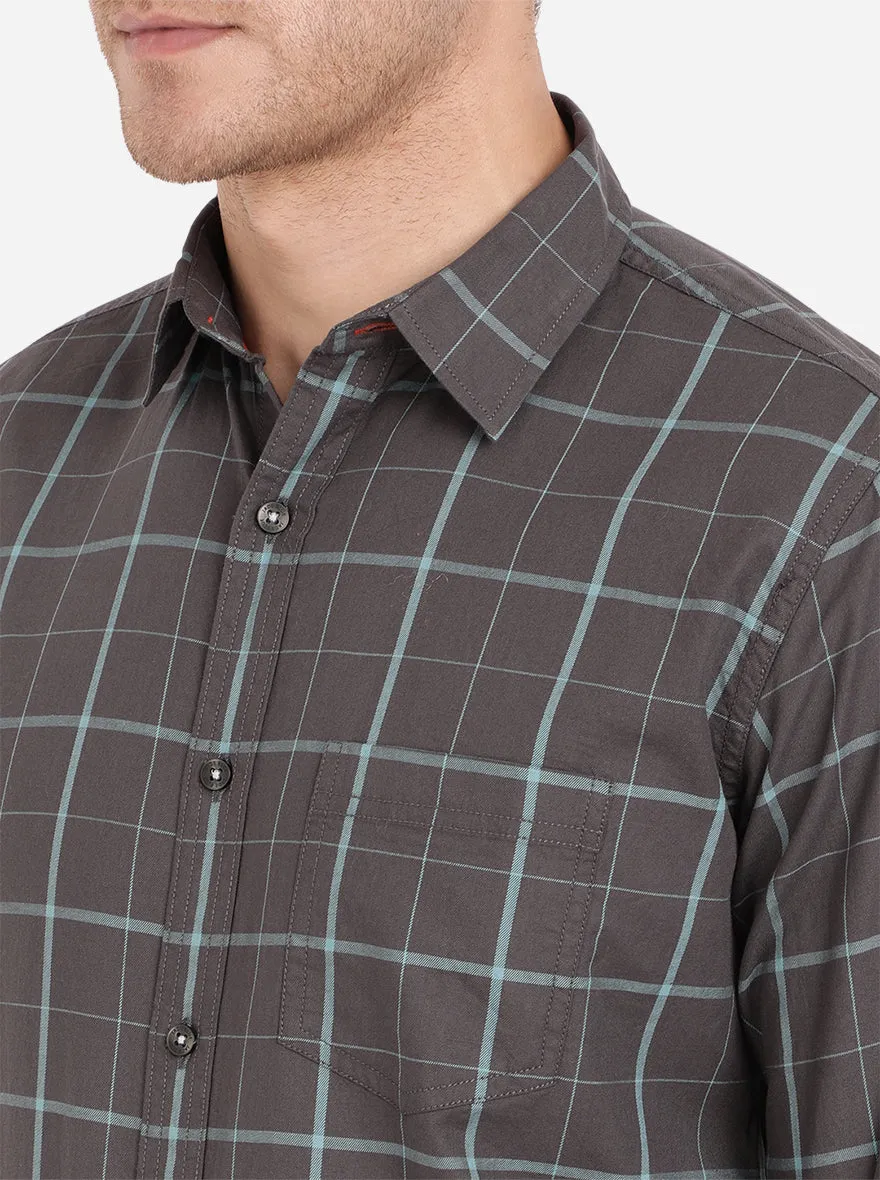 Aqua Blue & Dark Grey Checked Slim Fit Semi Casual Shirt | JadeBlue