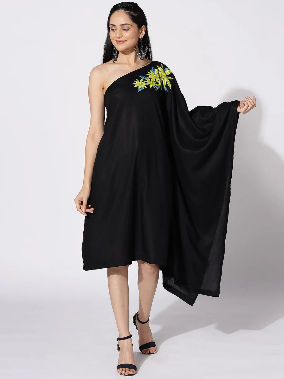 Black Rayon OneShoulder Dress - Soleil