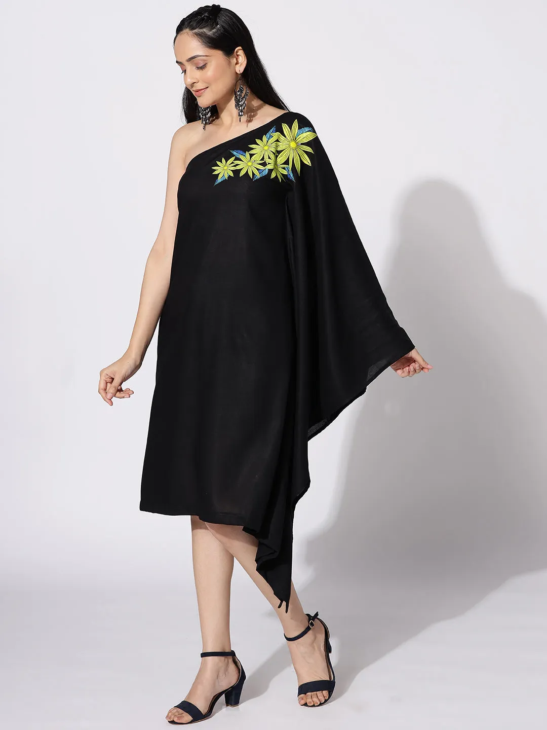 Black Rayon OneShoulder Dress - Soleil