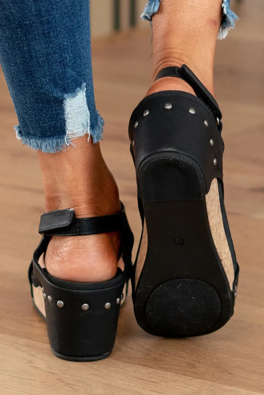 Black Vintage Leather Stitching Studded Wedge Sandal