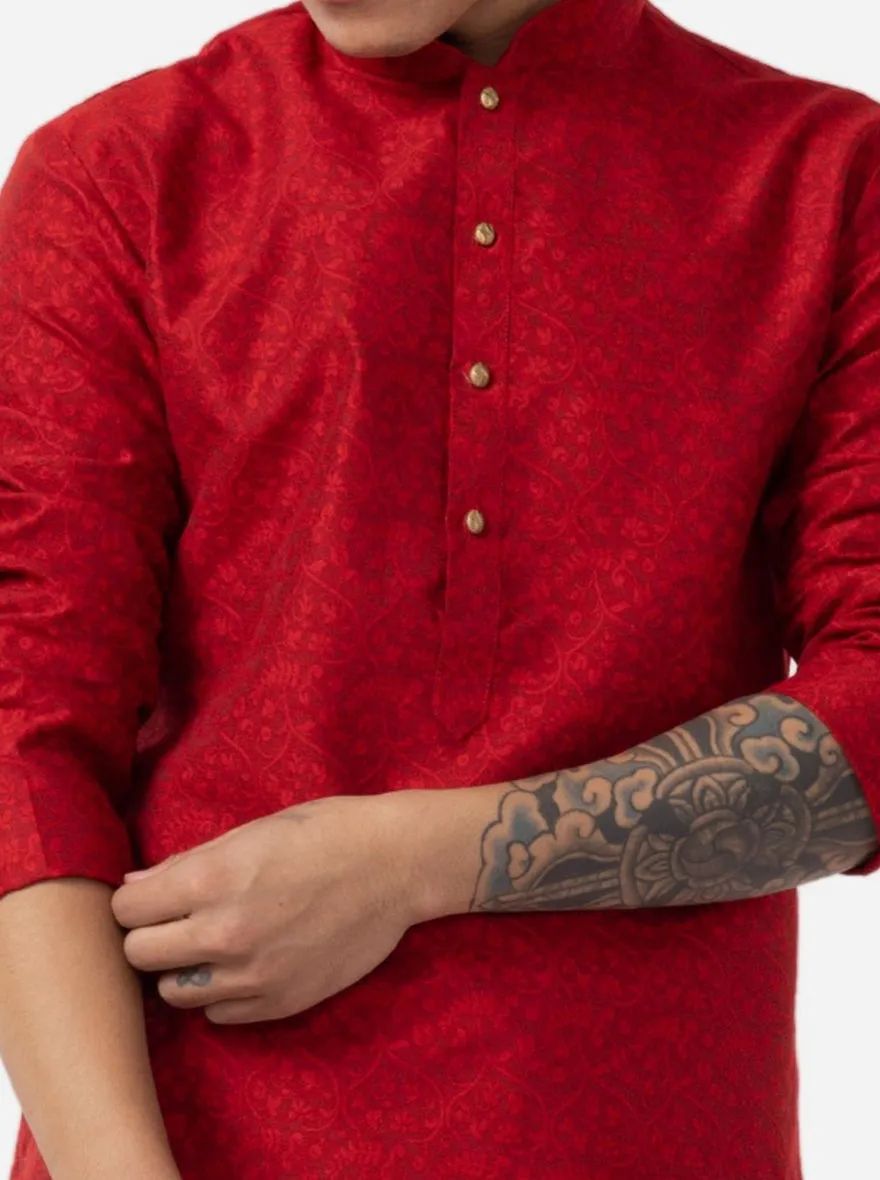 Blood Red Printed Cotton Blend Kurta for Men