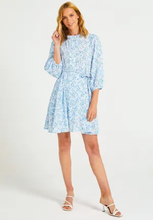 Buttoned Mini Summer Dress in Blue Ditsy Floral Print