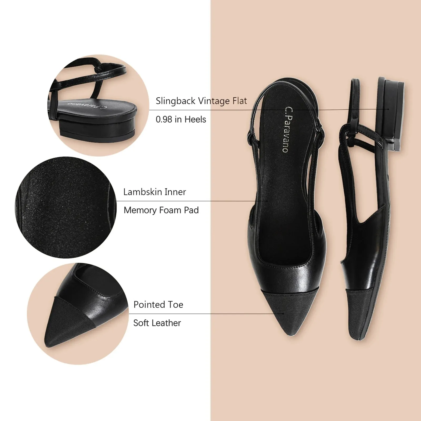 Cap-Toe Slingback Flats (Freya) Black