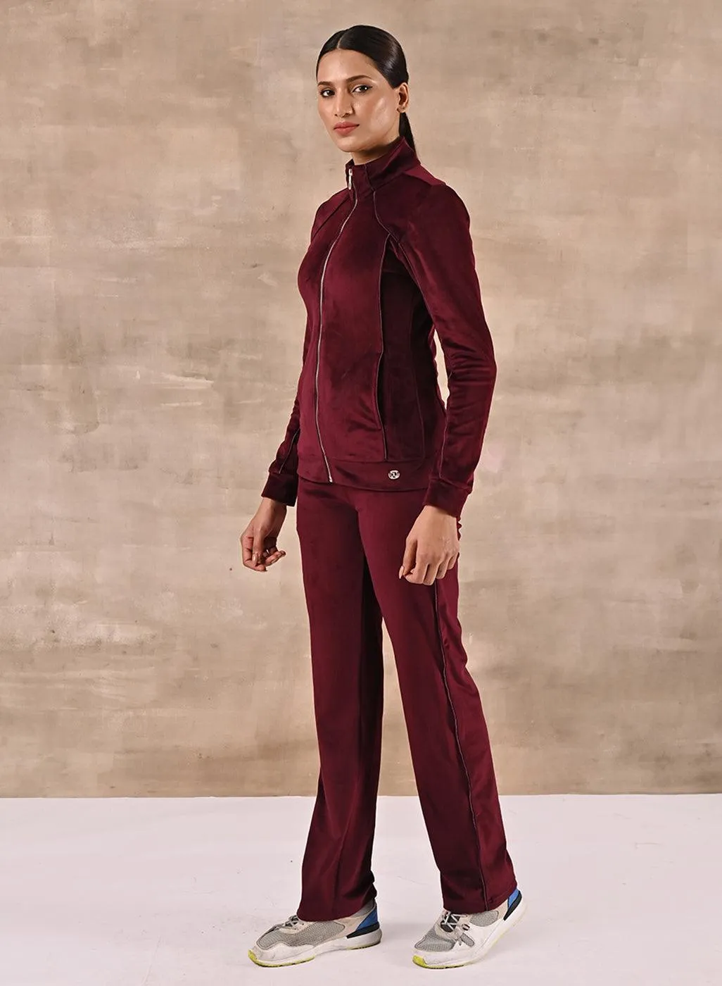 Dark Maroon Paneled High Neck Track Suit