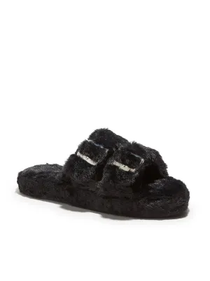 Double-Buckle Faux-Fur Slippers