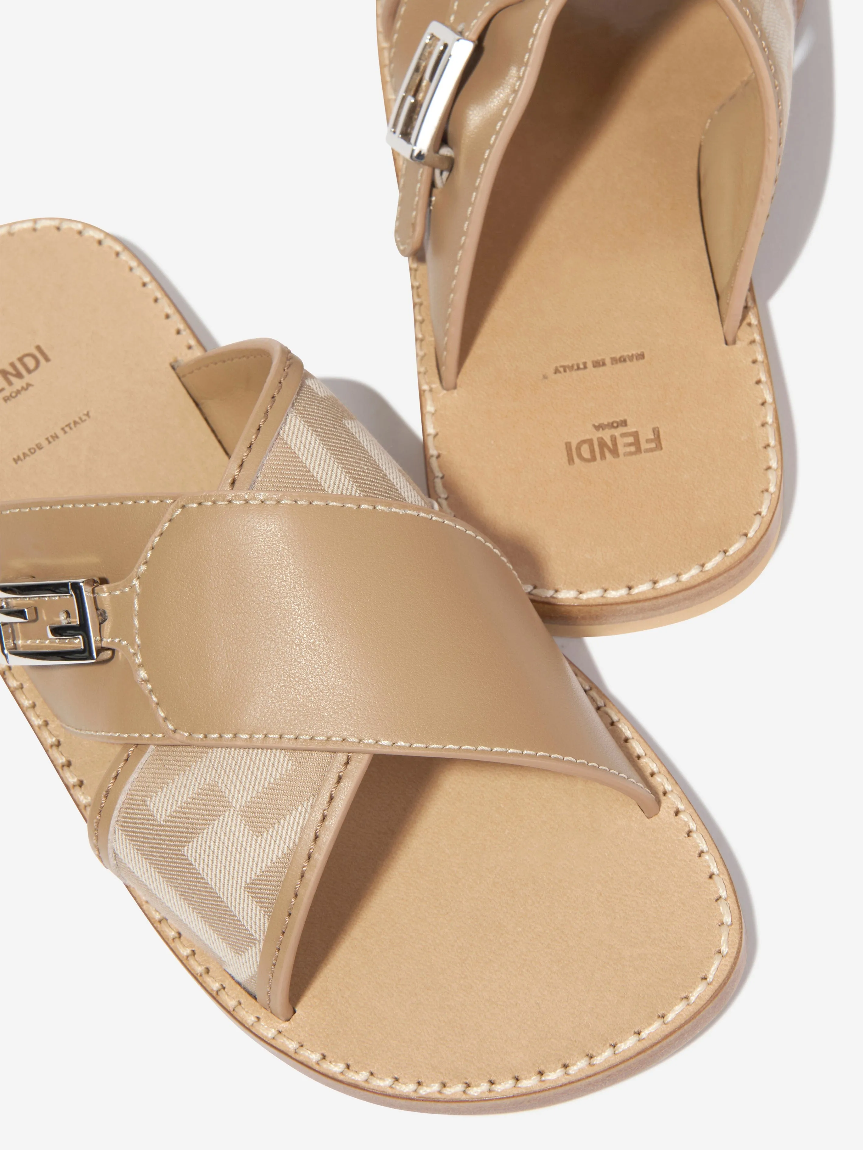 Fendi Girls Leather FF Logo Sandals in Beige