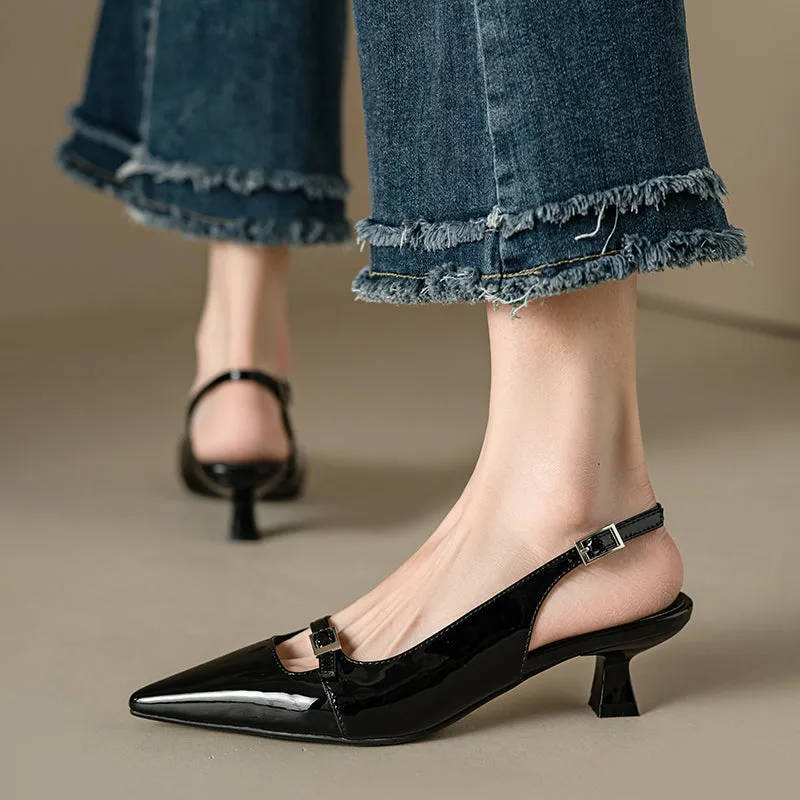 Genuine Leather Pointed Toe Kitten Heel Pumps with Buckled Straps