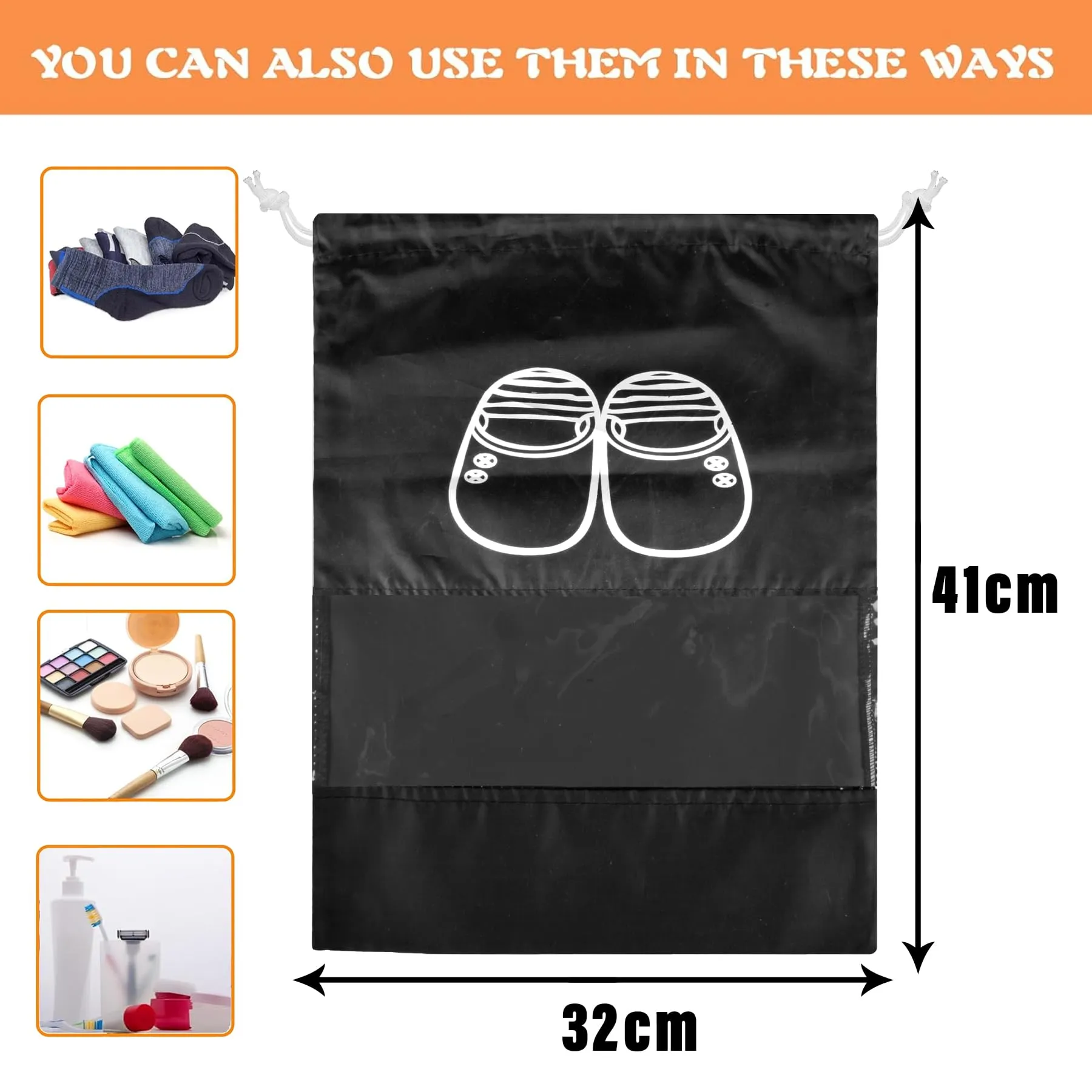 Heart Home Shoe Cover | Travel Shoe Storage Bags | Polyester Storage Bags | Drawstring Shoe Cover | Clear Transparent Shoe Storage Organizer | Pack of 12 | Black