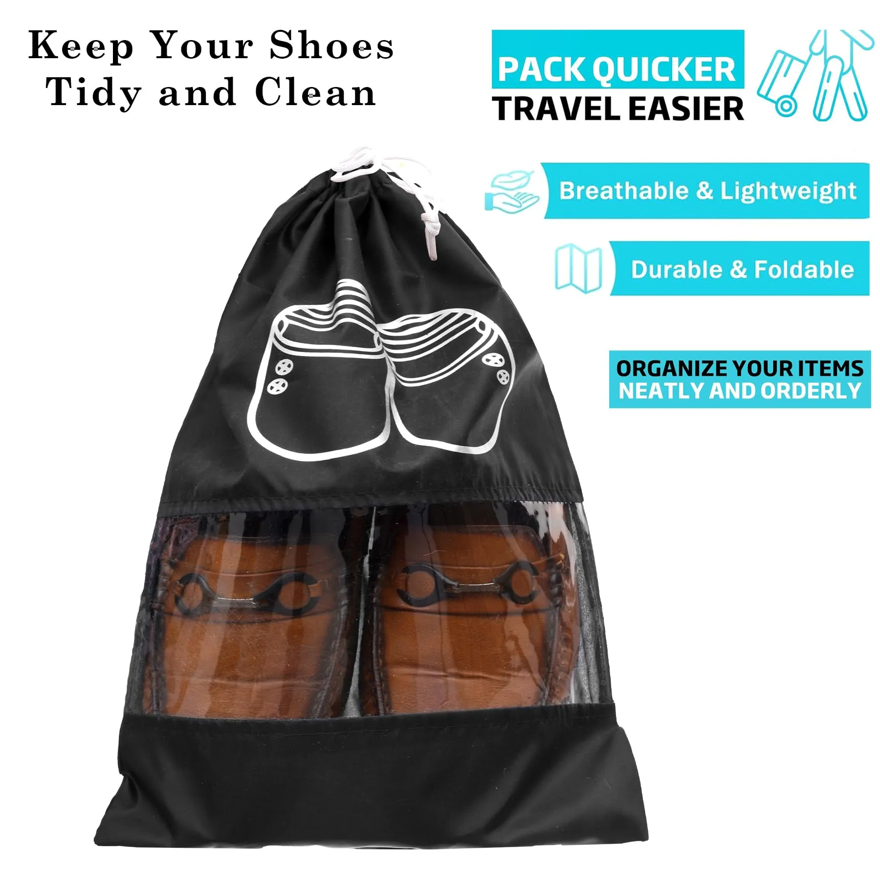 Heart Home Shoe Cover | Travel Shoe Storage Bags | Polyester Storage Bags | Drawstring Shoe Cover | Clear Transparent Shoe Storage Organizer | Pack of 12 | Black