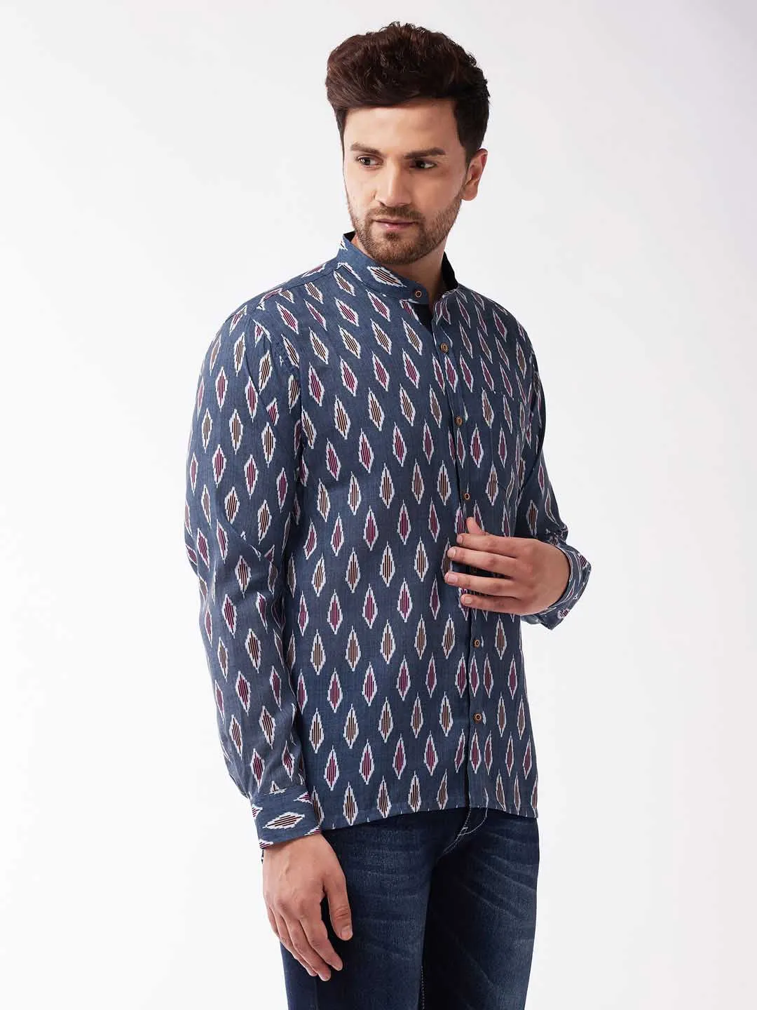 Jashvi Men's Multicolour-Base-Grey Cotton Blend Ethnic Shirt