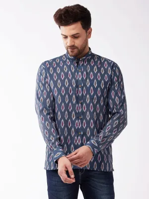 Jashvi Men's Multicolour-Base-Grey Cotton Blend Ethnic Shirt