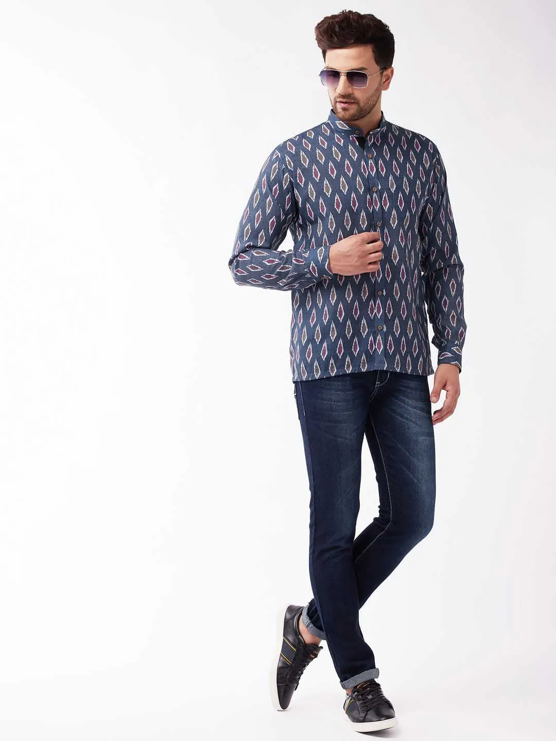 Jashvi Men's Multicolour-Base-Grey Cotton Blend Ethnic Shirt