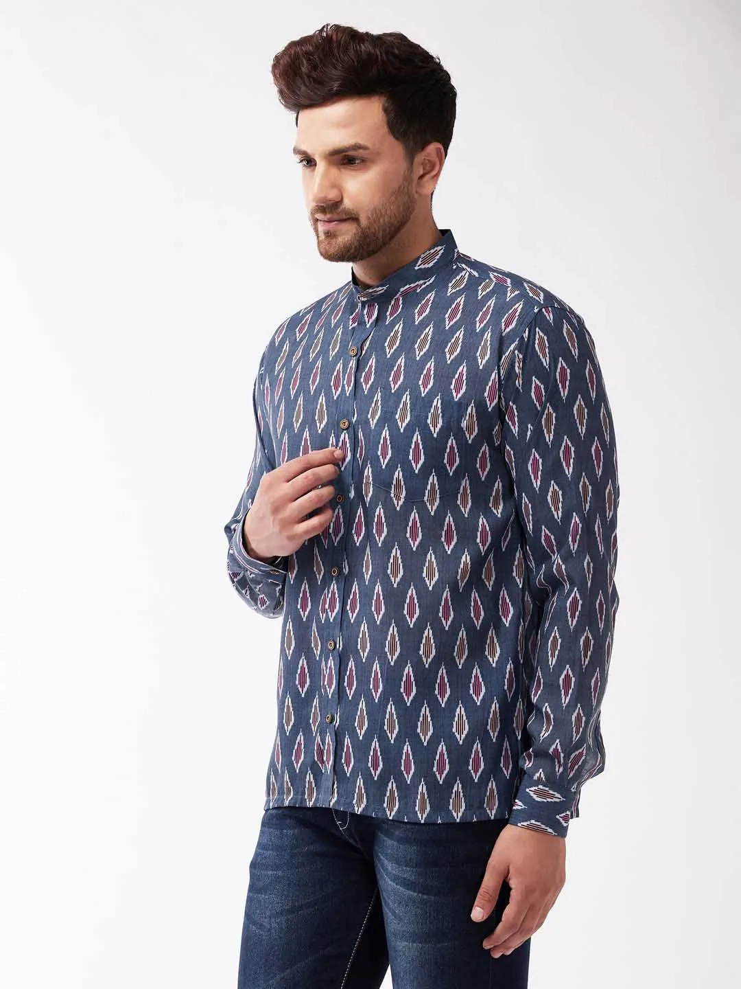 Jashvi Men's Multicolour-Base-Grey Cotton Blend Ethnic Shirt