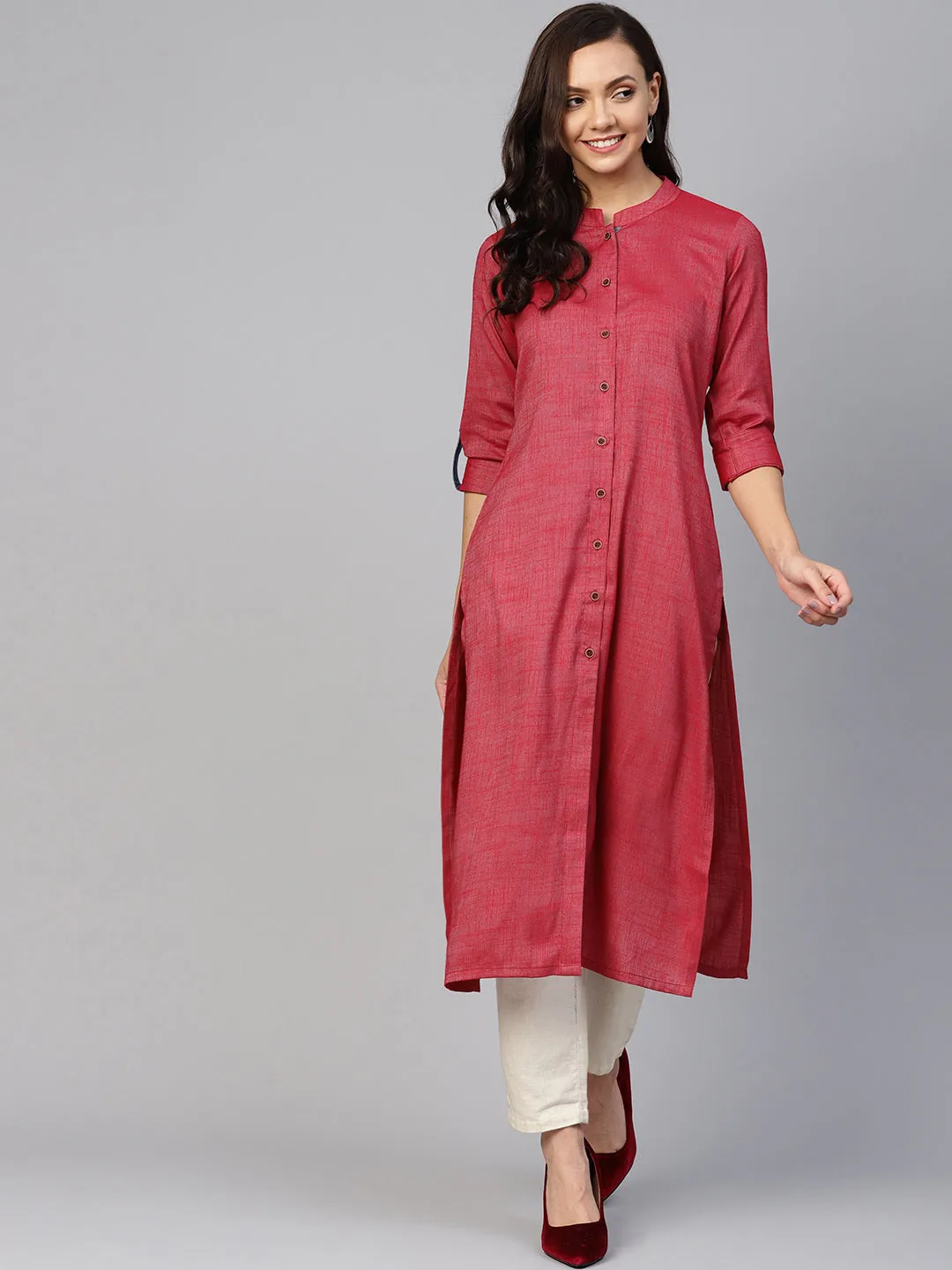 Jashvi Women Maroon Woven Design Straight Rayon Kurta with Trousers