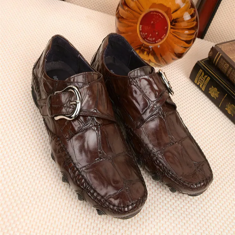 Leather Crocodile Pattern Men's Loafers / Trendy Buckle Belt Moccasins / Casual Male Shoes