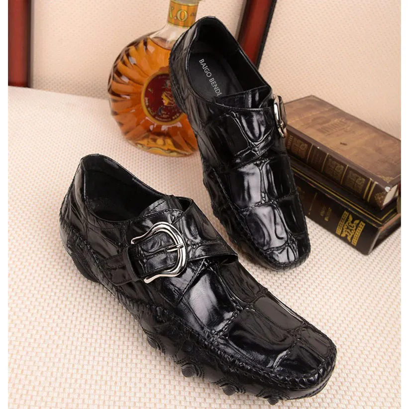 Leather Crocodile Pattern Men's Loafers / Trendy Buckle Belt Moccasins / Casual Male Shoes