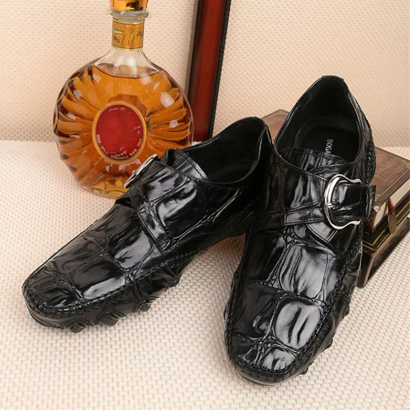 Leather Crocodile Pattern Men's Loafers / Trendy Buckle Belt Moccasins / Casual Male Shoes