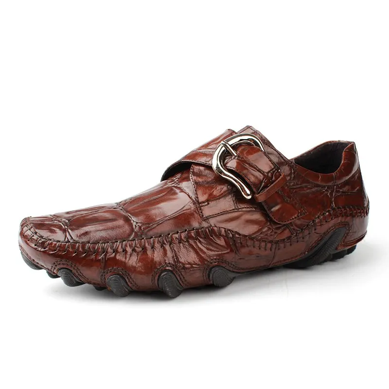 Leather Crocodile Pattern Men's Loafers / Trendy Buckle Belt Moccasins / Casual Male Shoes