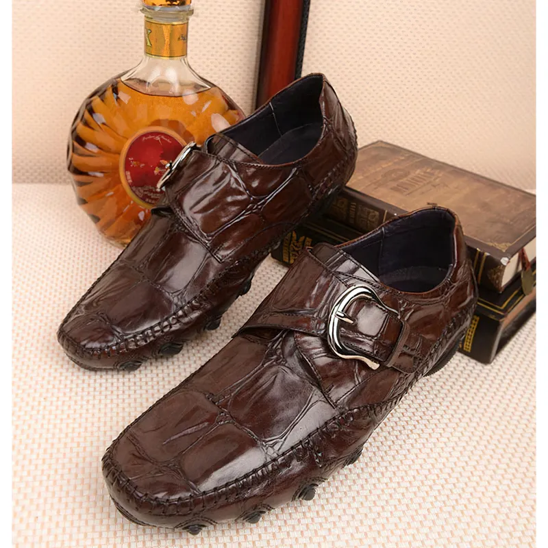 Leather Crocodile Pattern Men's Loafers / Trendy Buckle Belt Moccasins / Casual Male Shoes