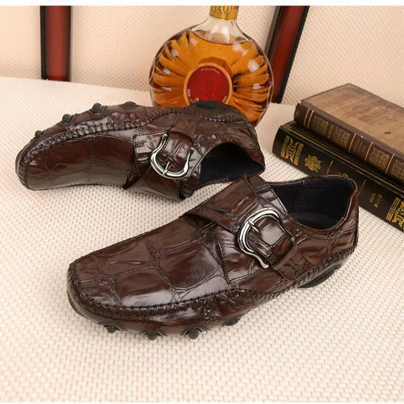 Leather Crocodile Pattern Men's Loafers / Trendy Buckle Belt Moccasins / Casual Male Shoes