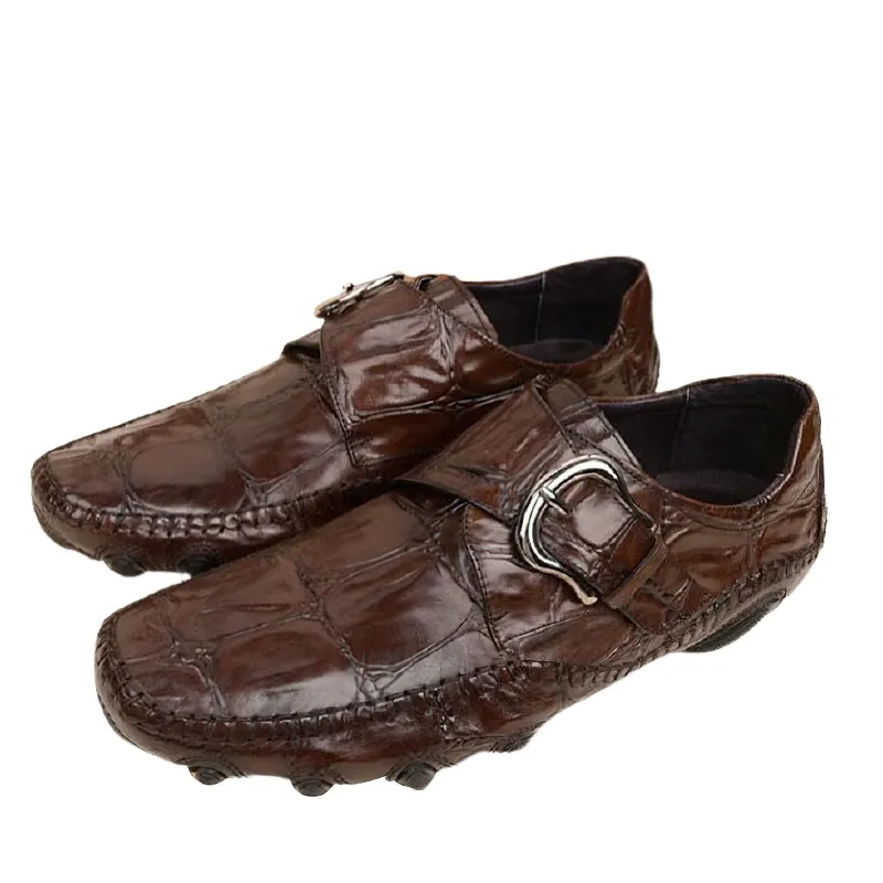 Leather Crocodile Pattern Men's Loafers / Trendy Buckle Belt Moccasins / Casual Male Shoes