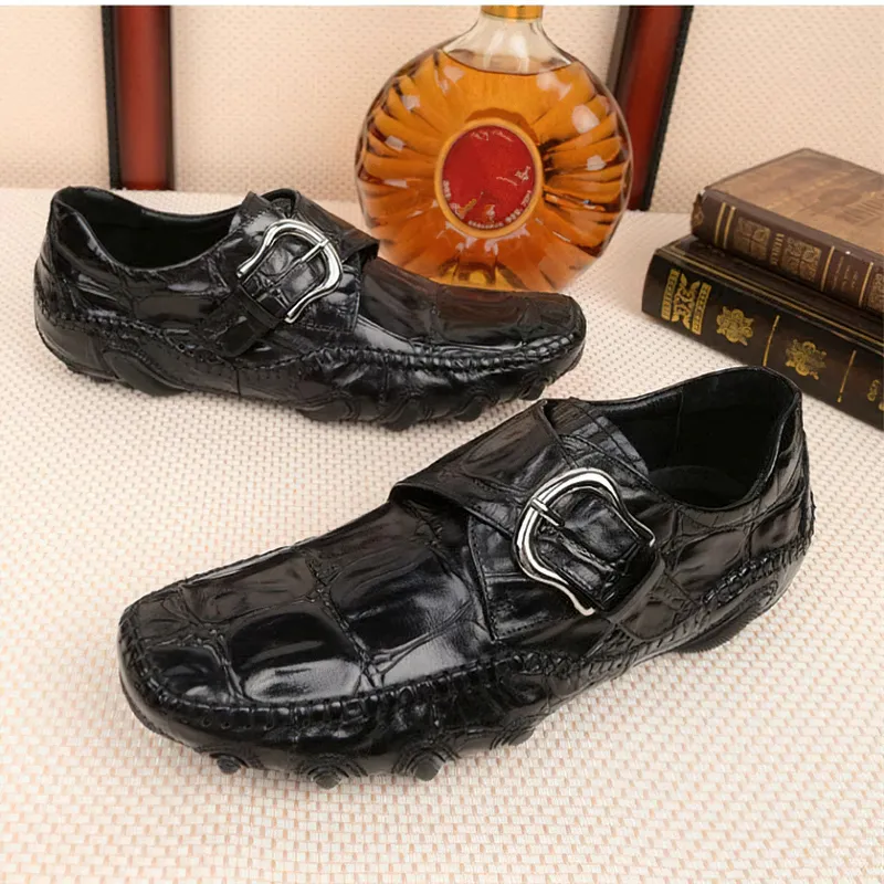 Leather Crocodile Pattern Men's Loafers / Trendy Buckle Belt Moccasins / Casual Male Shoes