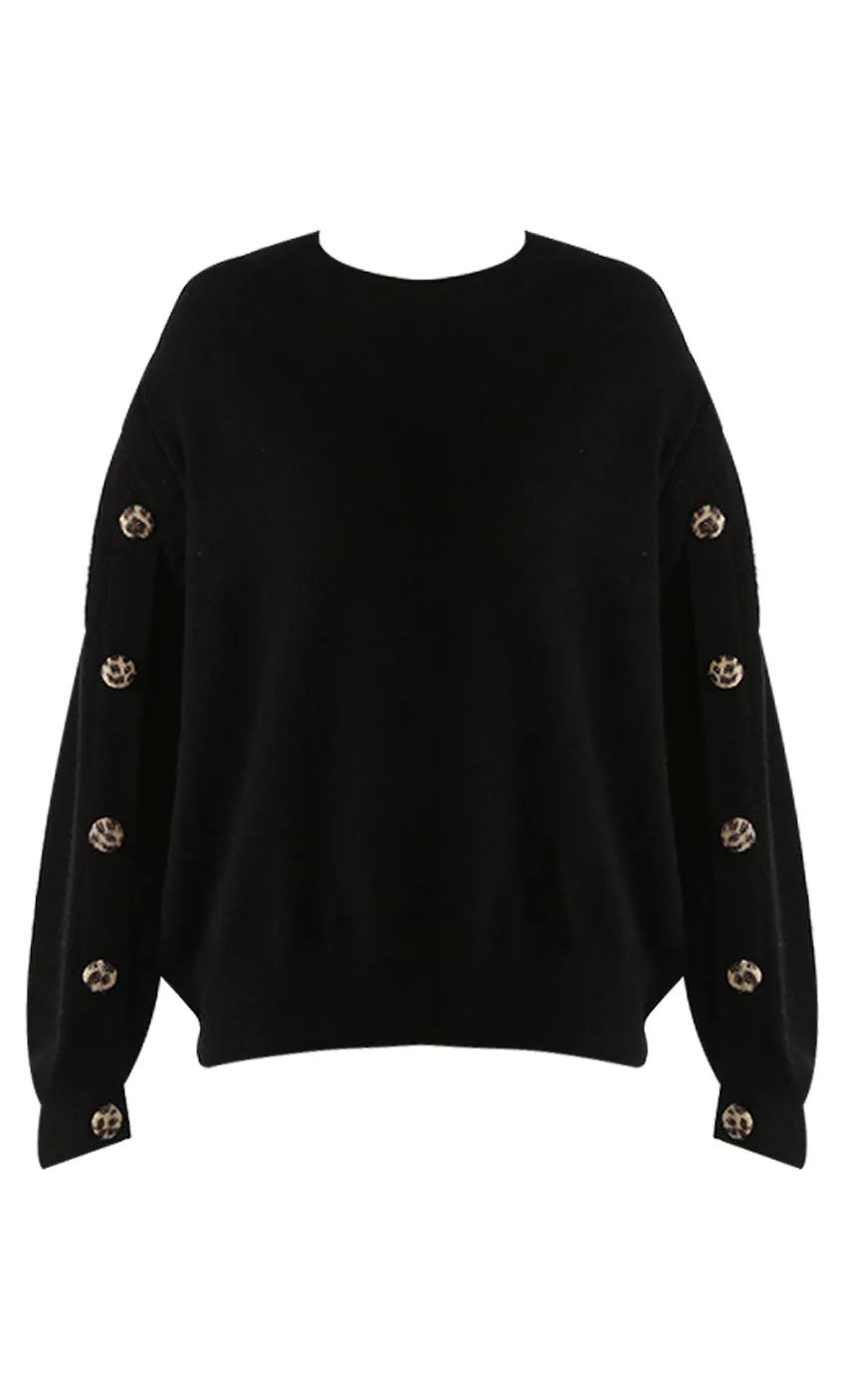 Leopard Button Sleeve Round Neck Jumper