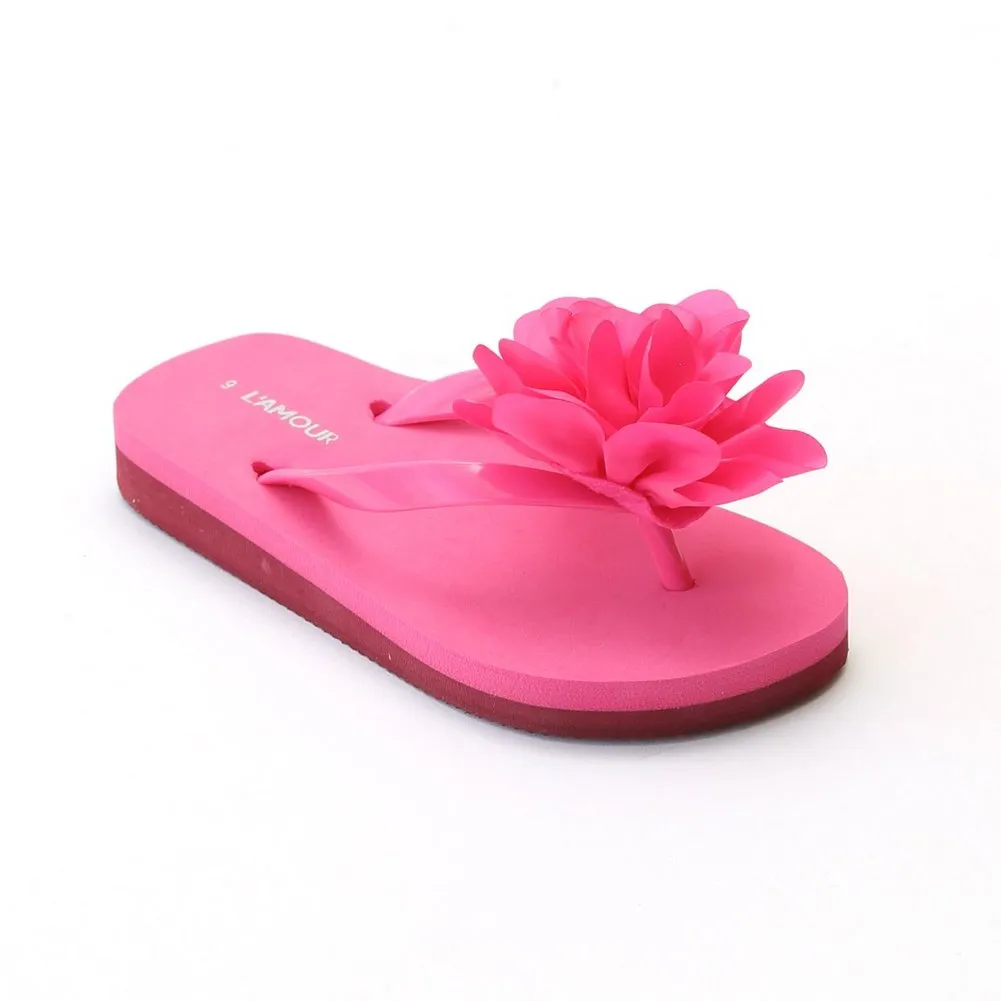 Little Girls Fuchsia Organza Flower Flip Flops 11-4 Kids