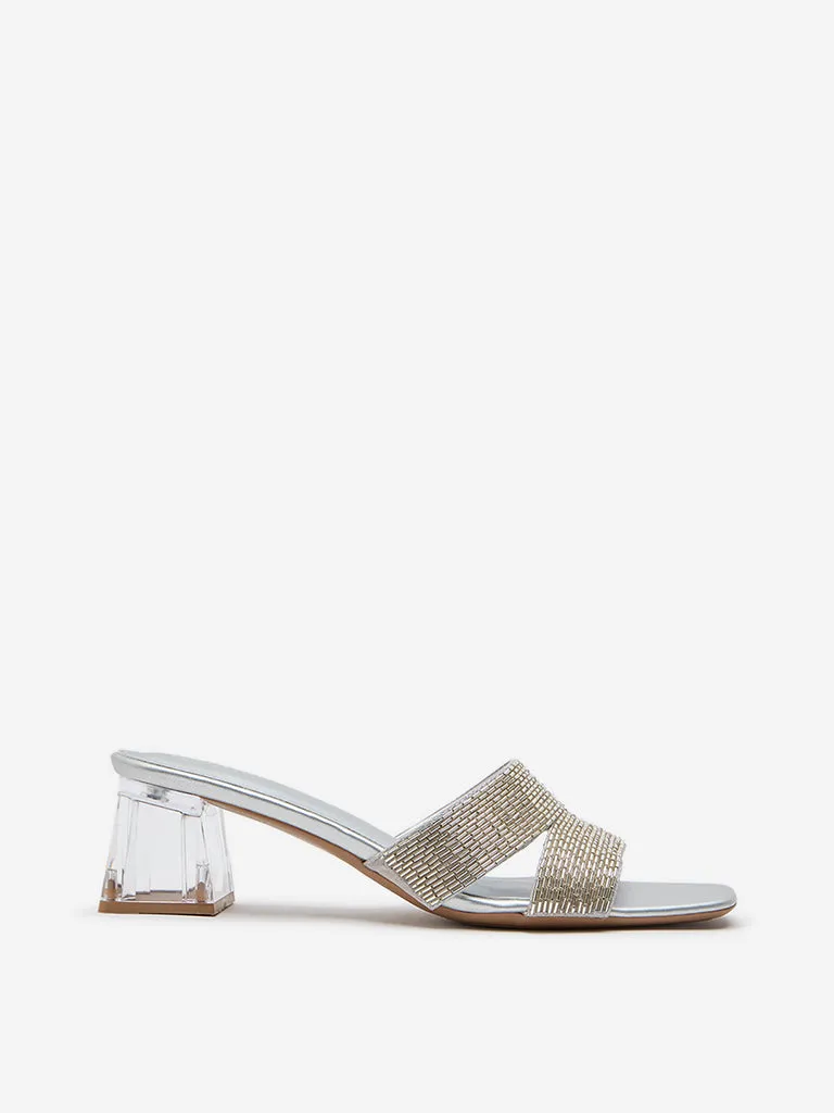 LUNA BLU Silver Embellished Block-Heel Sandals