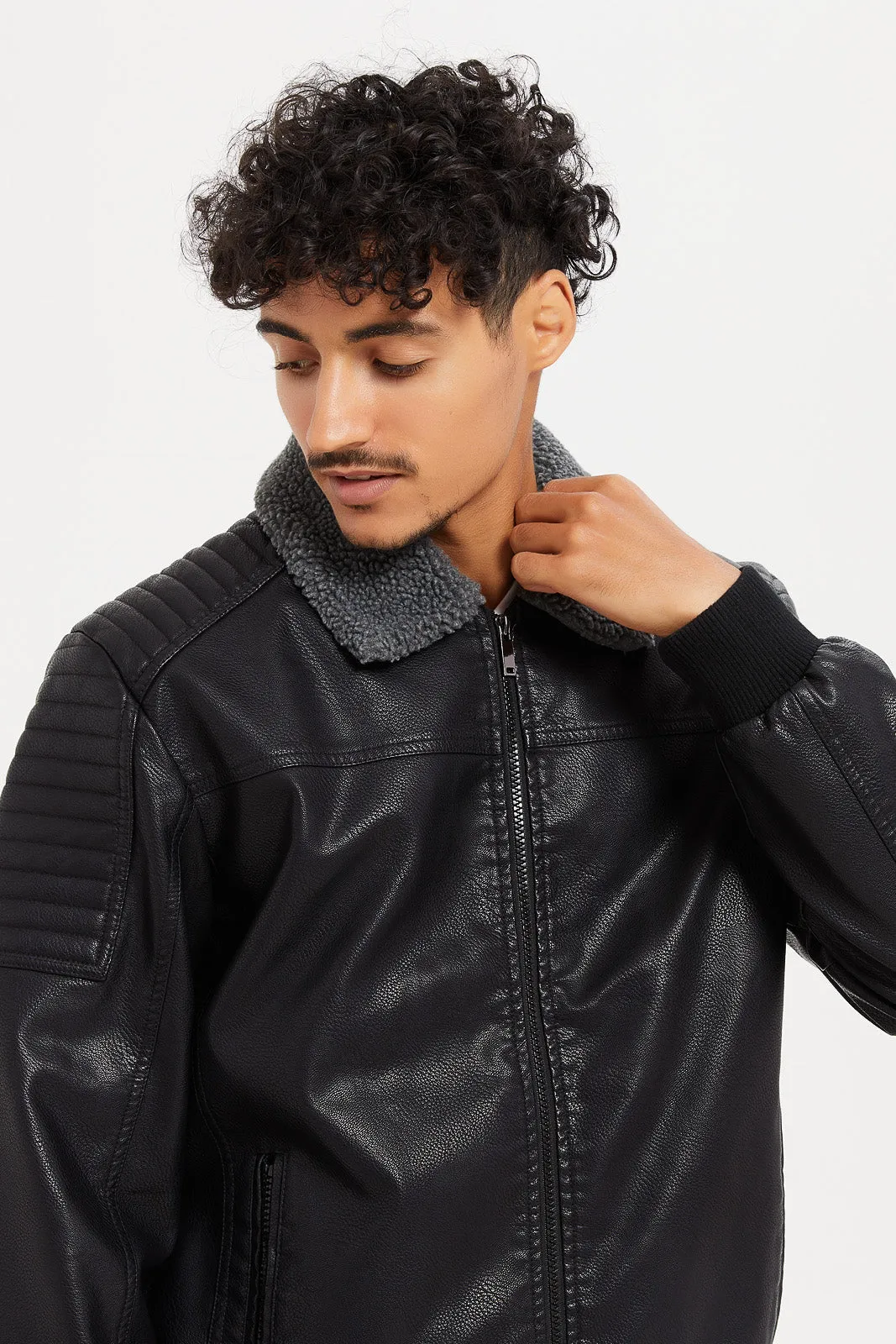 Men Black Fux Leather Aviator Jacket