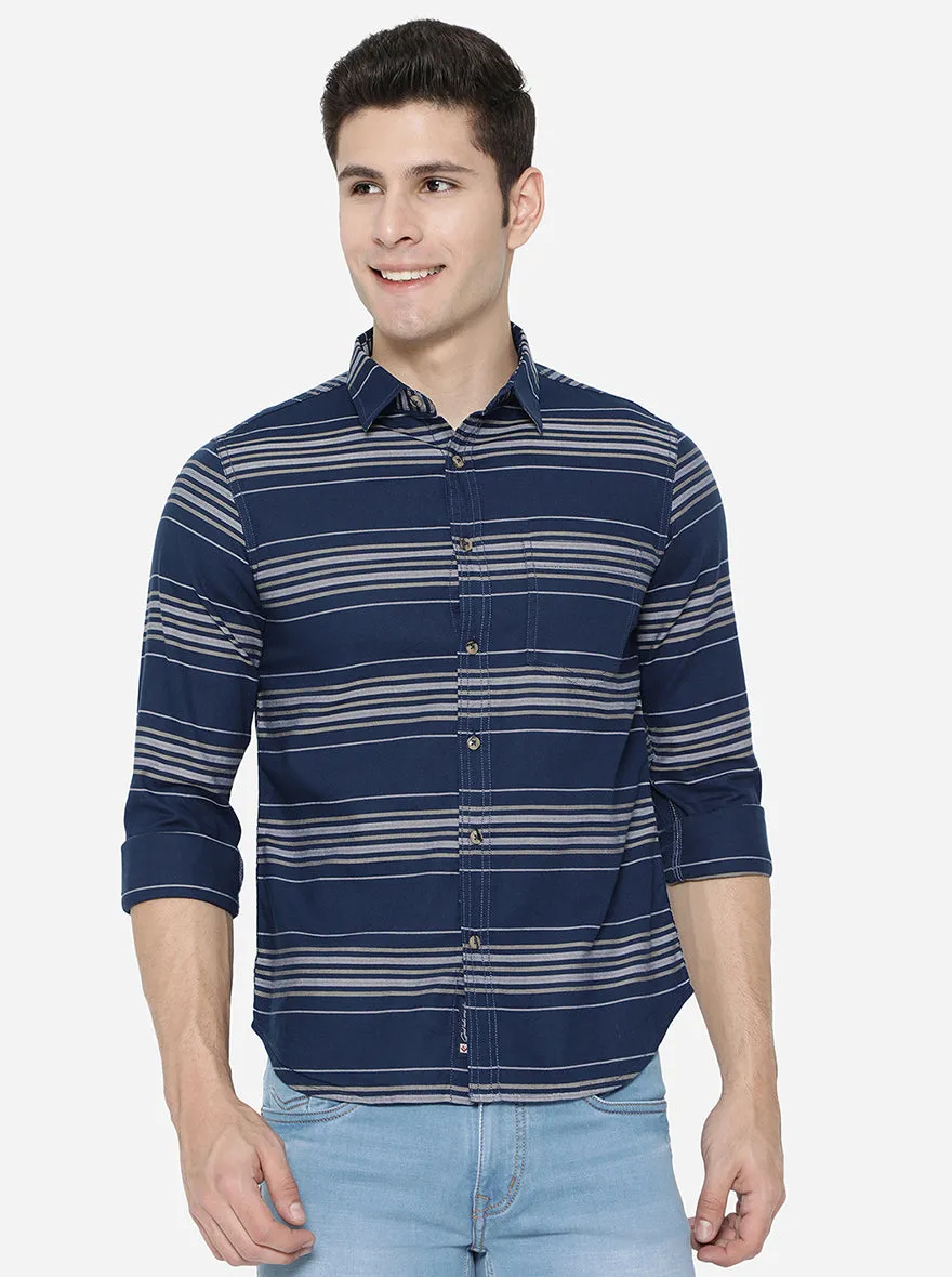 Navy Blue Strped Slim Fit Semi Casual Shirt | Greenfibre