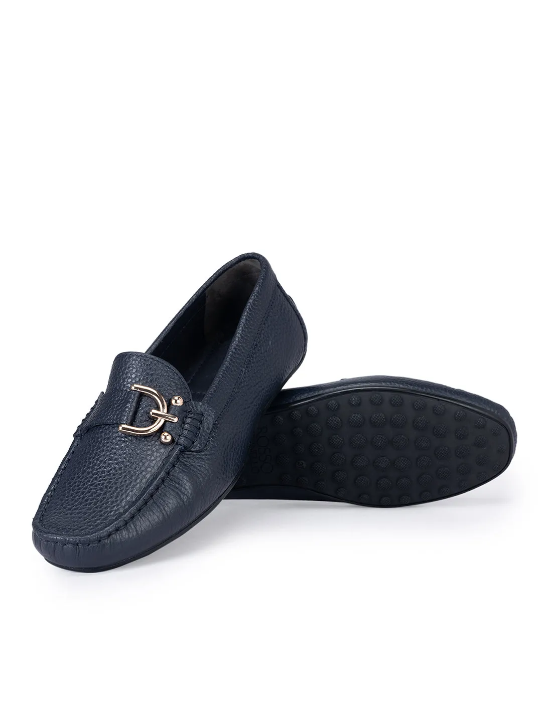 Navy Metal Embellished Moccasins