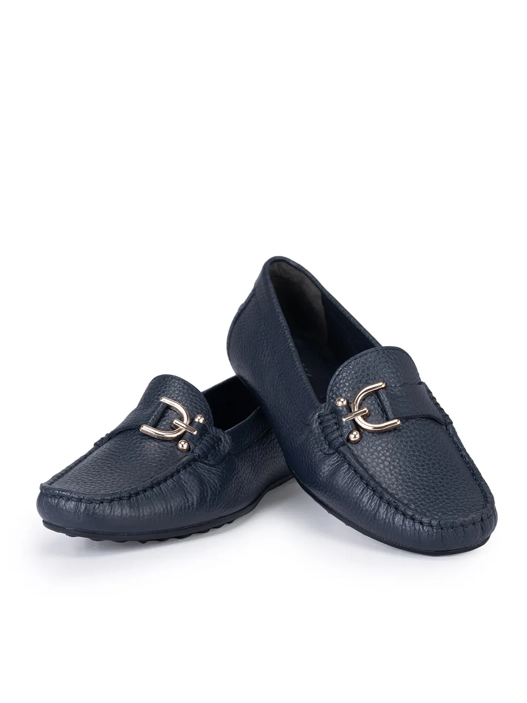 Navy Metal Embellished Moccasins