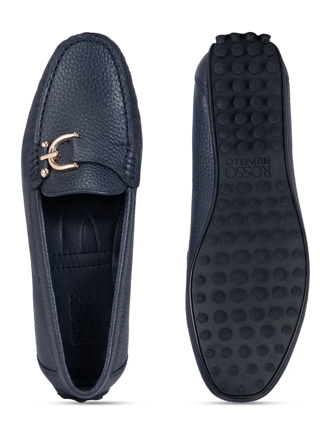 Navy Metal Embellished Moccasins