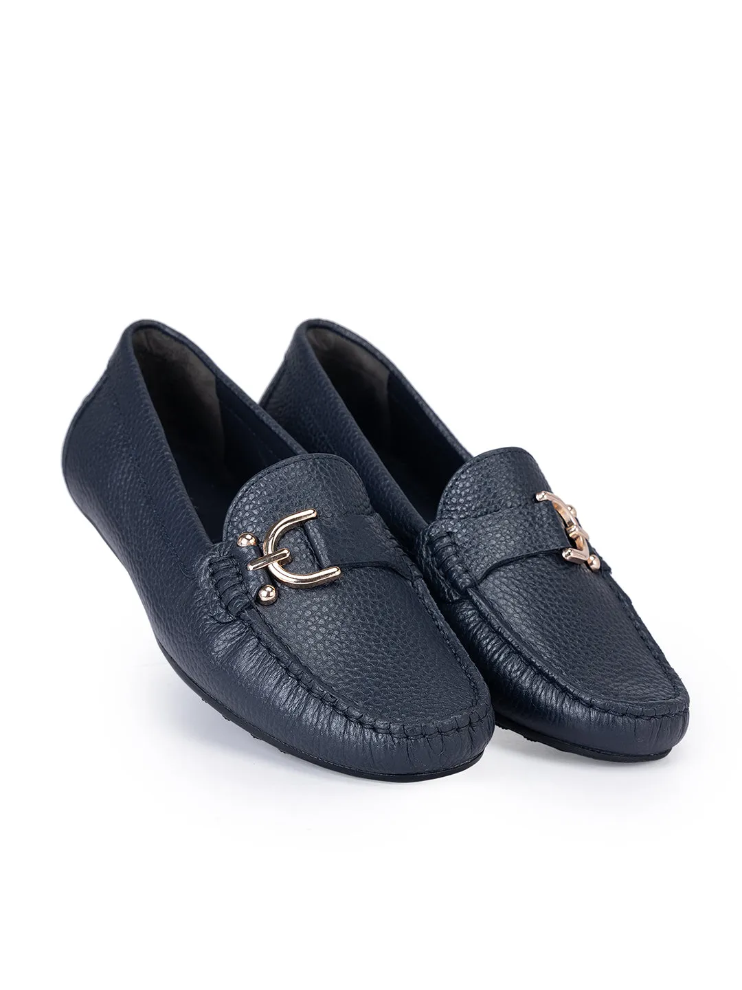 Navy Metal Embellished Moccasins