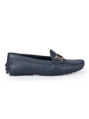 Navy Metal Embellished Moccasins