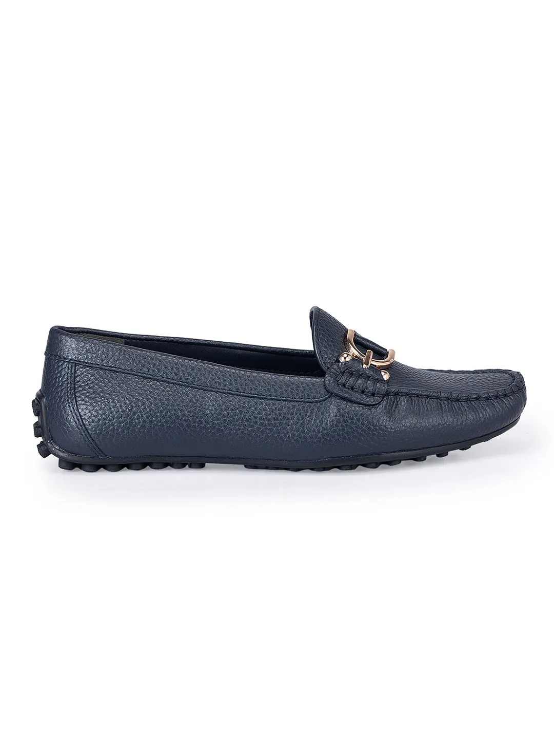 Navy Metal Embellished Moccasins