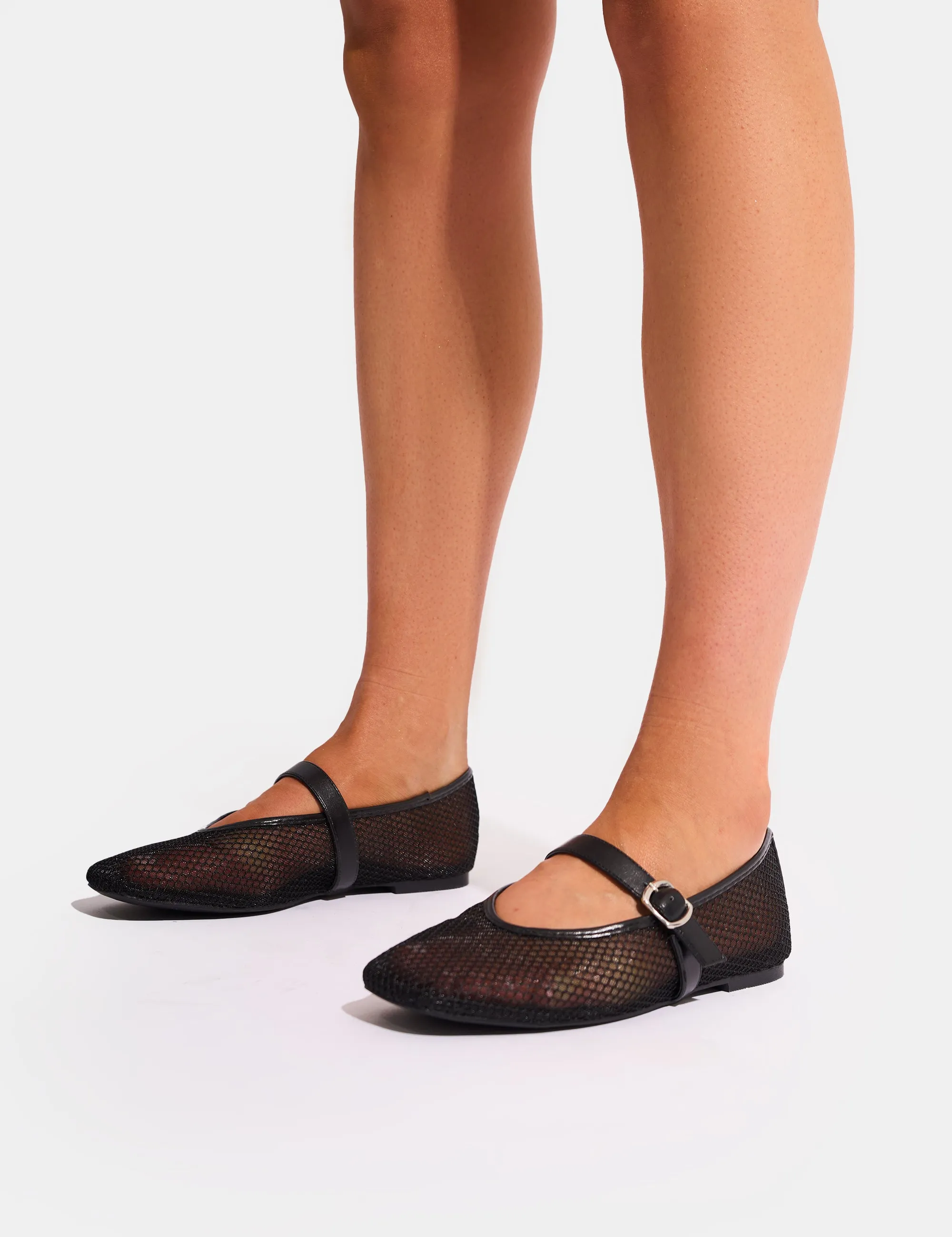 Nelly Black Mesh Buckle Strap Ballet Flat Pumps