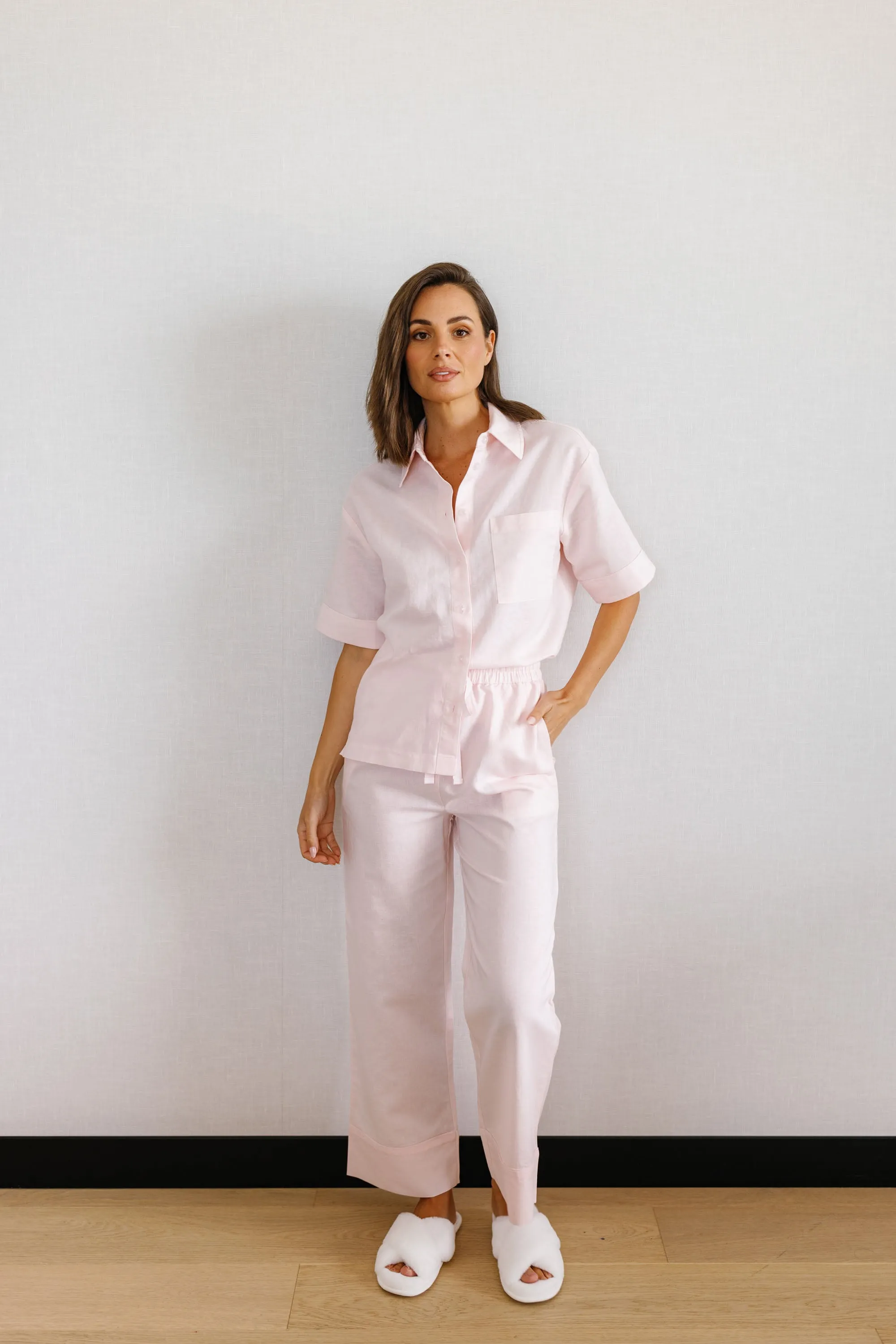 Portia Linen Bridesmaid Pyjamas Long Soft Pink