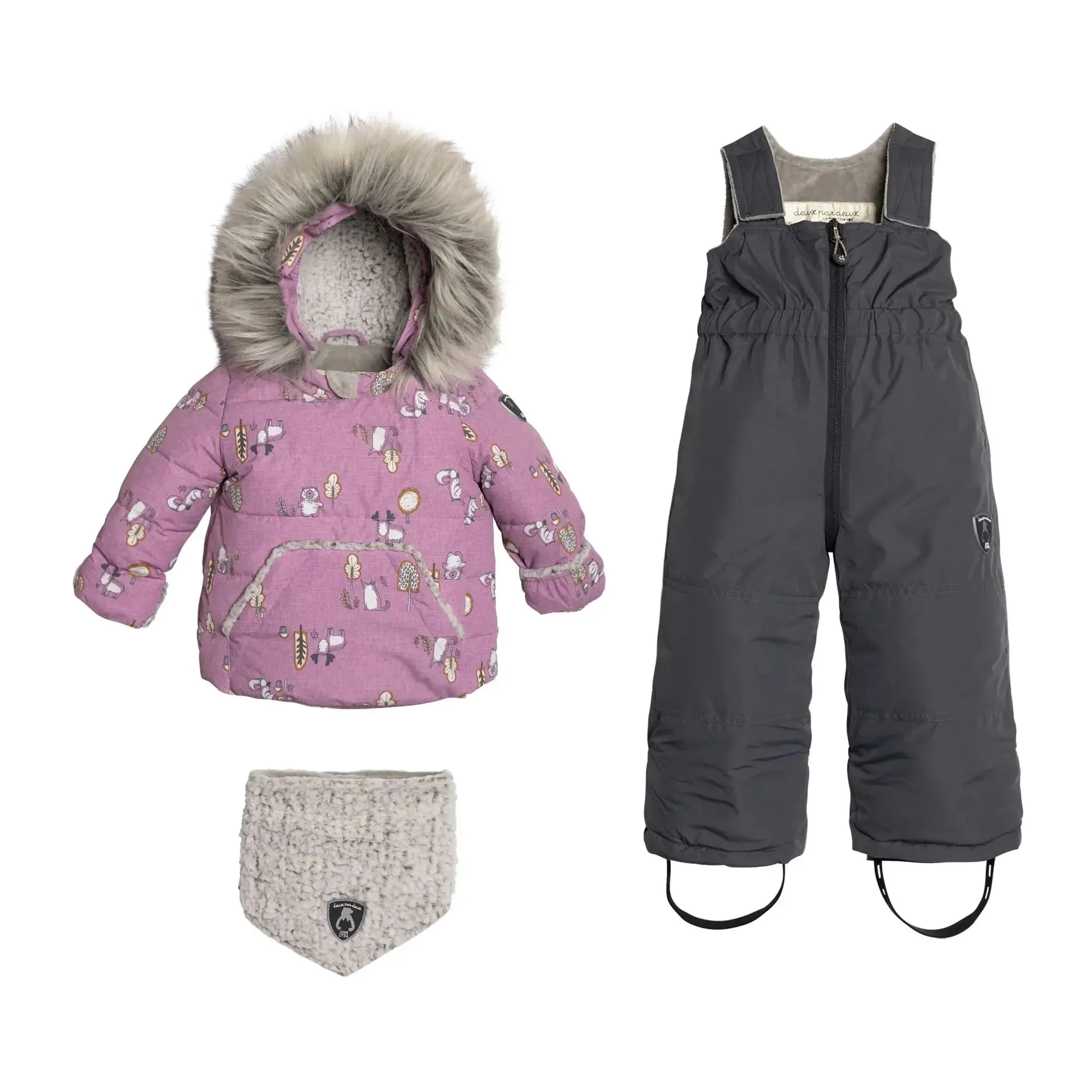 Printed Woodland Animals Two Piece Baby Snowsuit Lilac | DEUX PAR DEUX