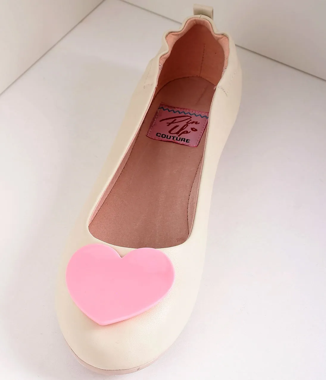 Retro Style Cream Leatherette & Light Pink Heart Ballet Flats