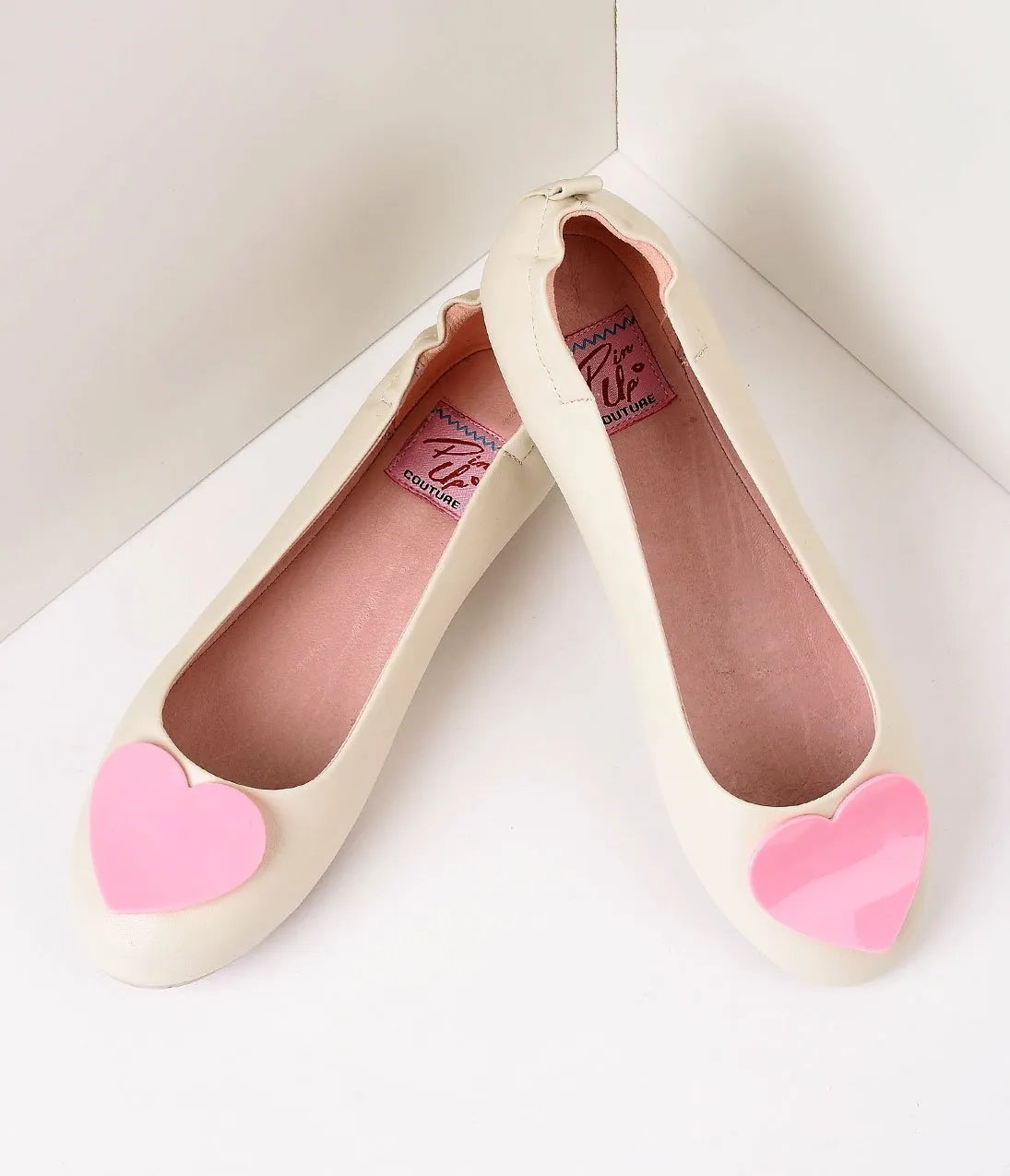 Retro Style Cream Leatherette & Light Pink Heart Ballet Flats