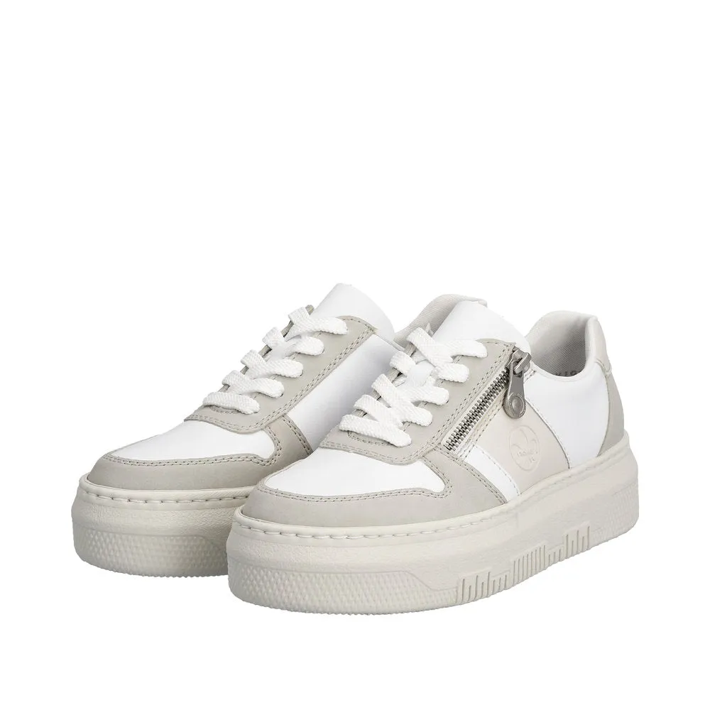 Rieker M1909-80 Enya Ladies White/Grey Leather & Zip & Lace Trainers