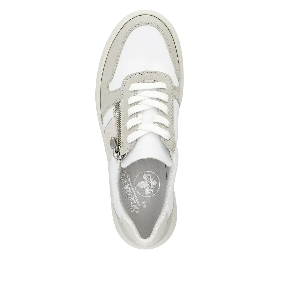 Rieker M1909-80 Enya Ladies White/Grey Leather & Zip & Lace Trainers