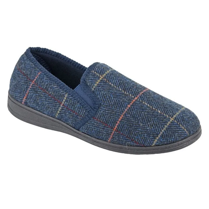 Sleepers MS404C Kenny Mens Navy Blue Herringbone Textile Slippers