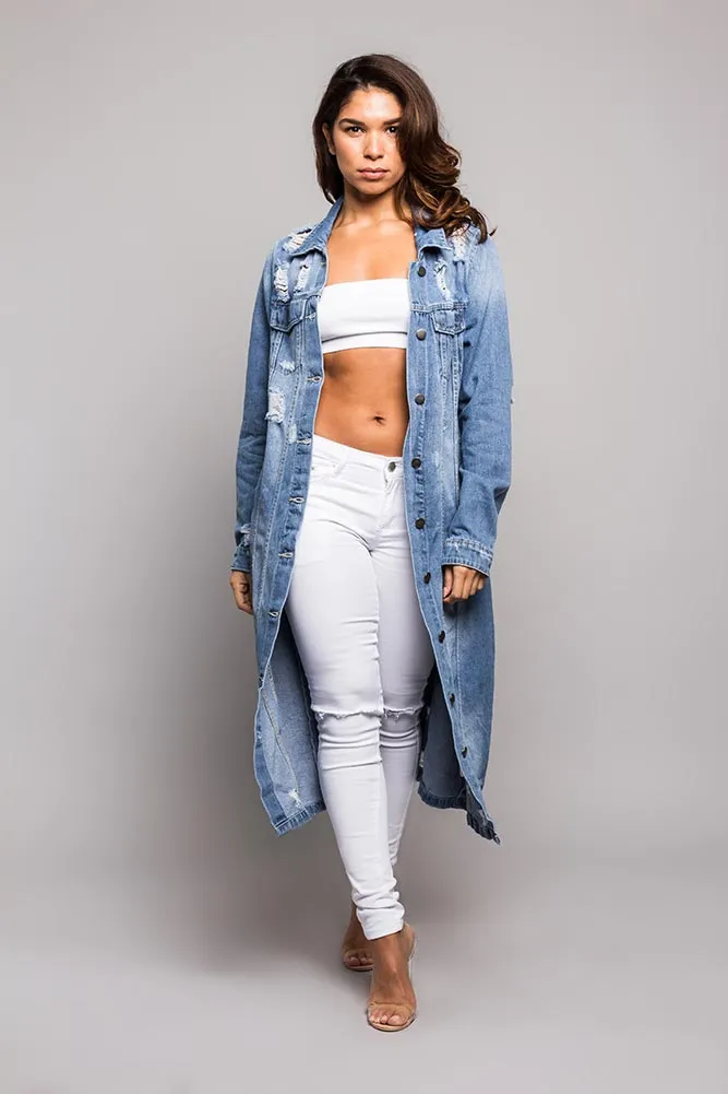 Super Long Distressed Denim Jean Jacket