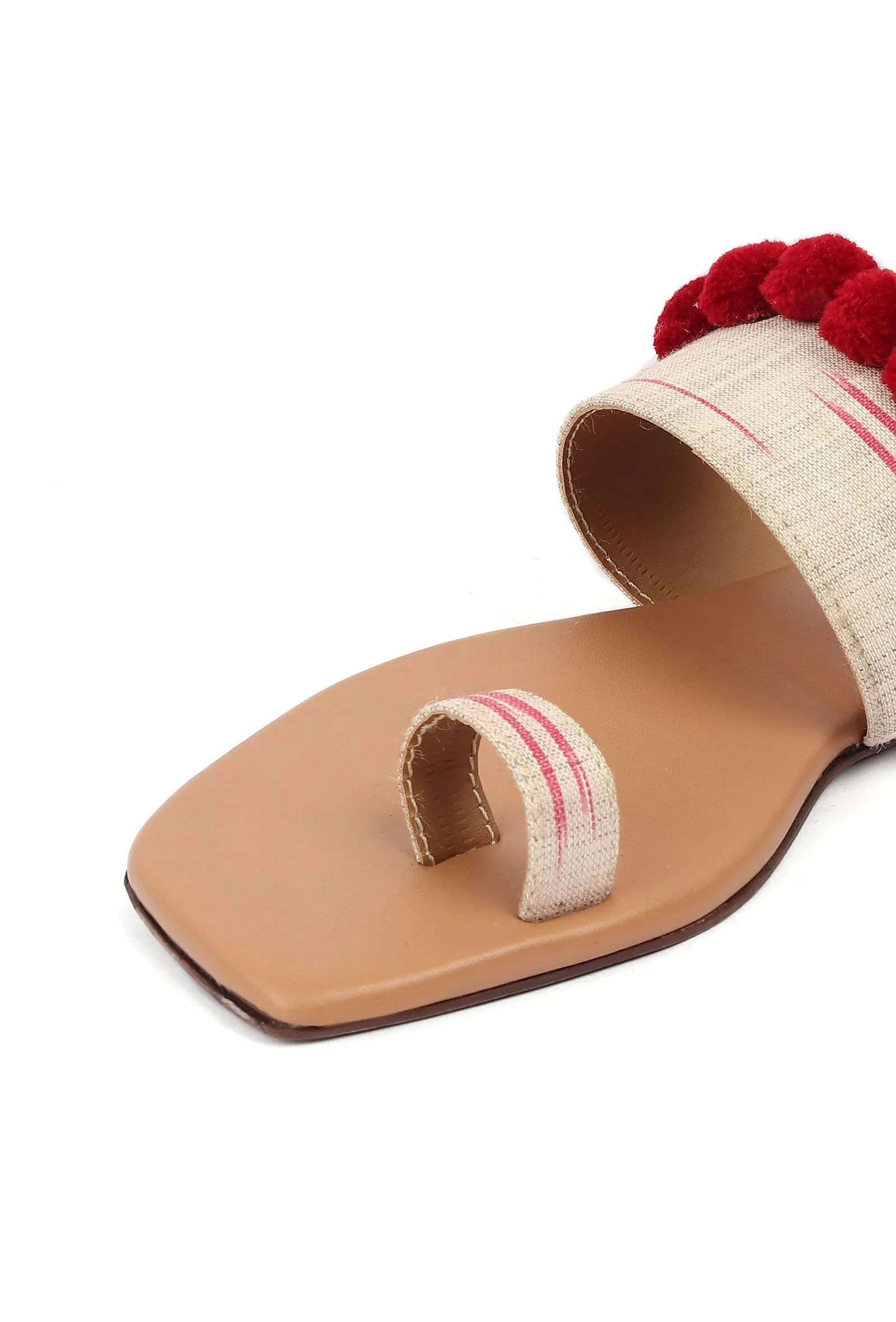 Tawny Brown Ikat One Toe Cruelty Free Leather Flats With Red Pom Pom