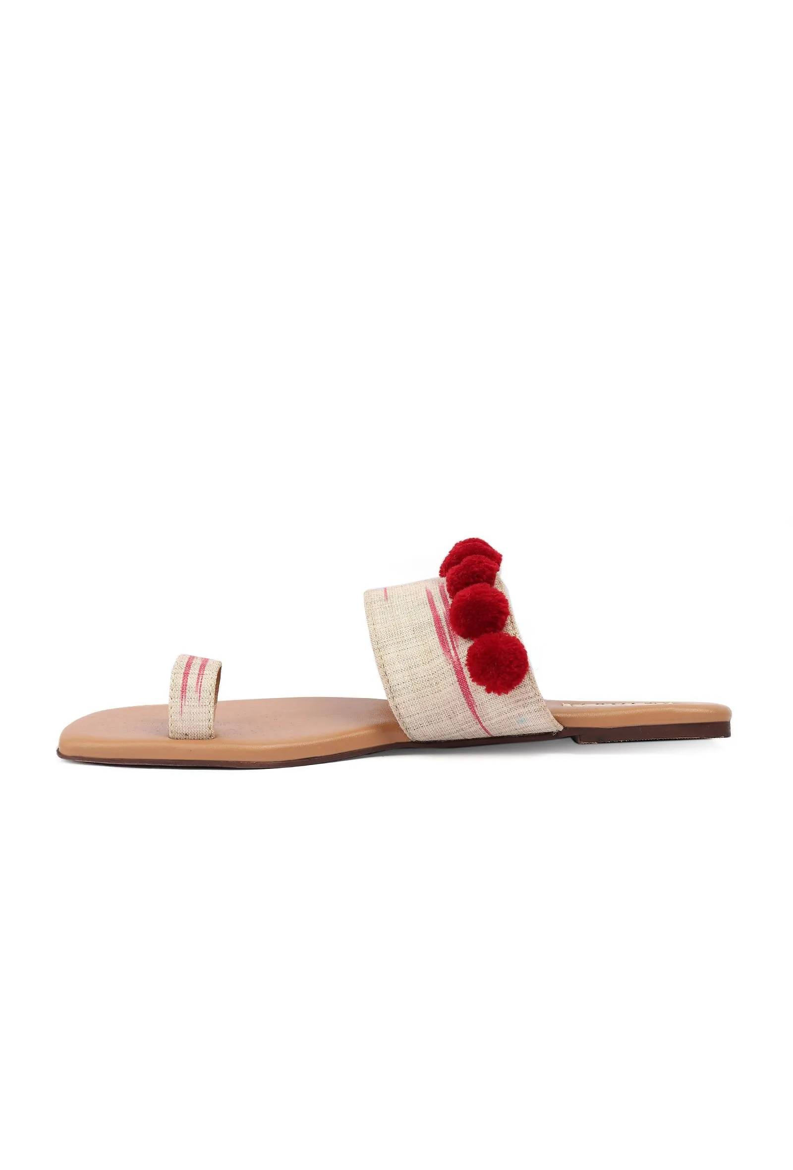 Tawny Brown Ikat One Toe Cruelty Free Leather Flats With Red Pom Pom