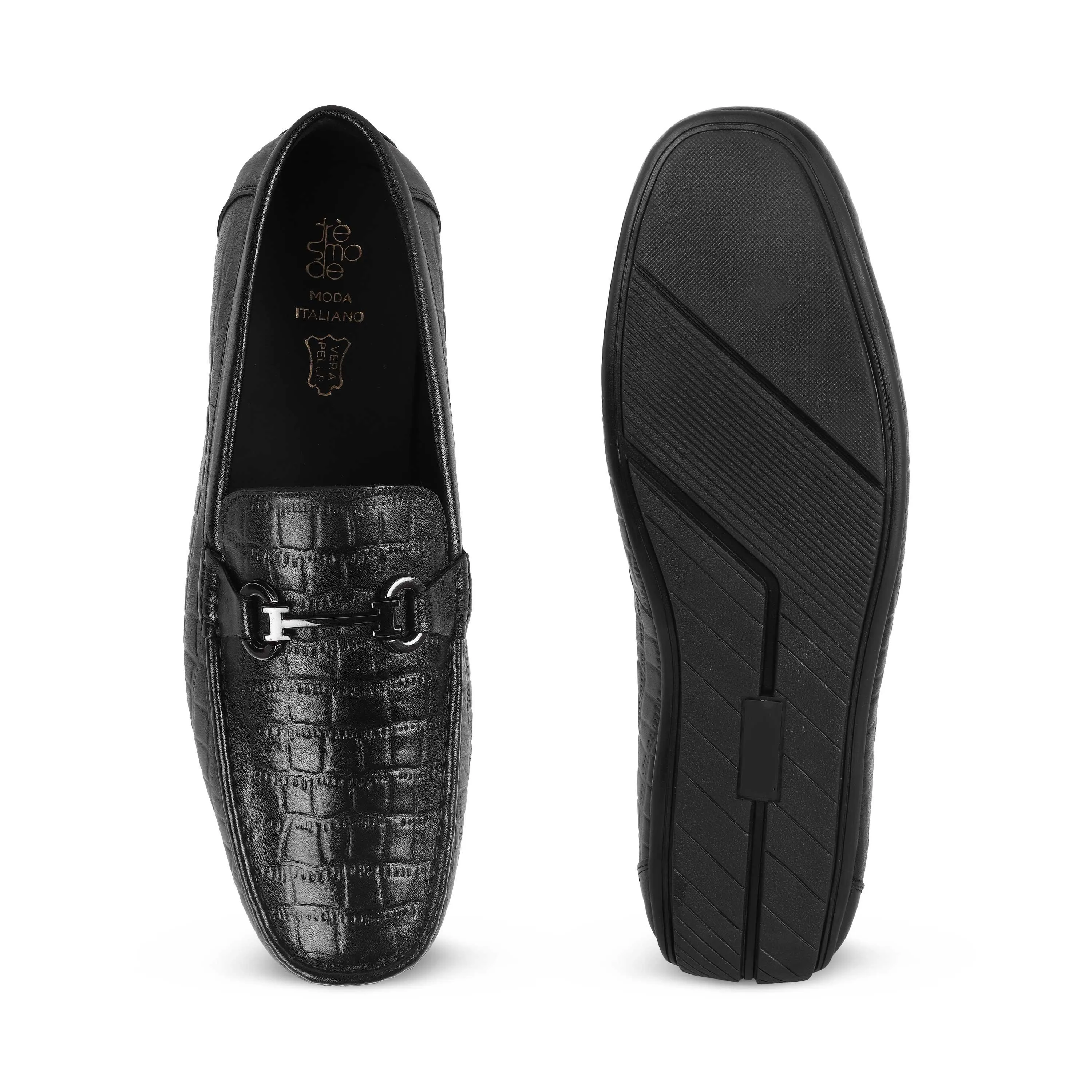 Tresmode Oxile Black Men's Textured Leather Loafers